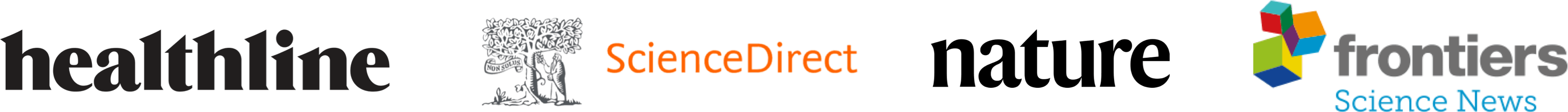 Logos of Healthline, ScienceDirect, Nature, Frontiers Science News